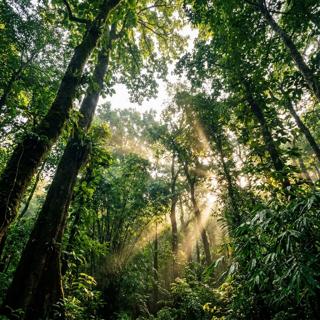 Lush forest canopy with sunlight rays filtering through the trees at Dandeli Wildlife Sanctuary